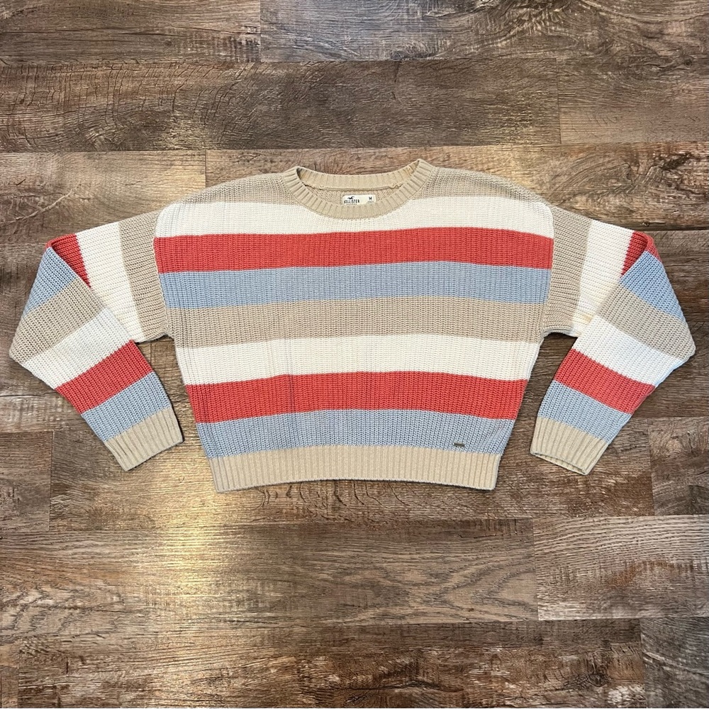 Hollister Striped Cropped Knit Sweater Size Medium 60% Cotton 40% Acrylic